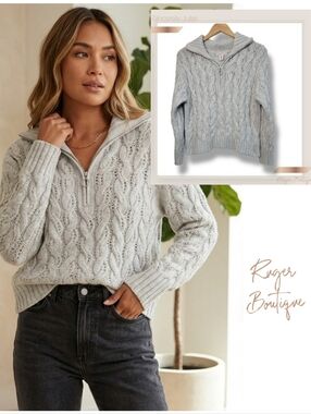 🌿Sincerely Jules Women's Medium Grey Chunky Cable Knit Quarter-Zip Sweater